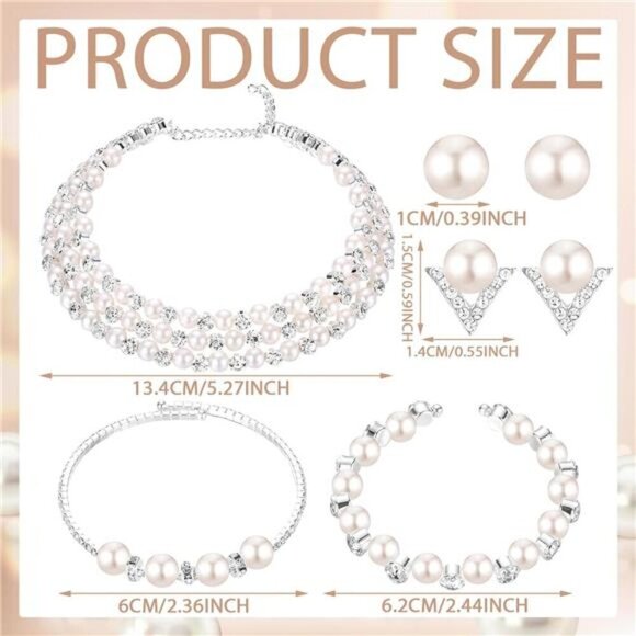 Pearl Rhinestone Jewelry Set for Women Pearl Necklace Bracelet Earrings - Picture 3 of 7